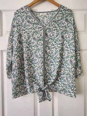 Max Studio Floral V-Neck Blouse in White, Green & Light Blue - Women's 2X